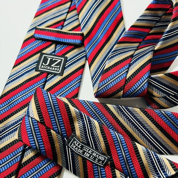 New JZ RICHARDS Red,Blue,Bronze&Silver Striped Silk Tie 59.5x3.25” Modern WOW - Picture 1 of 12